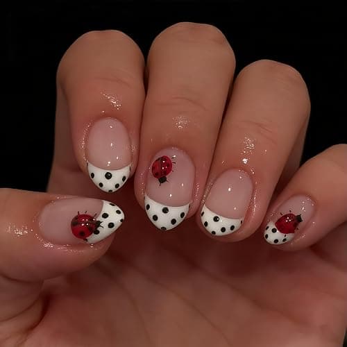 24 Pcs Polka Dot French Tip Press on Nails Short Oval Fake Nails 3D Red Ladybug Designs Stick On Nails Kit Black Polka Dot Acrylic False Nails Press ons Ladybug Full Cover Artificial Nails for Women thumbnail 3