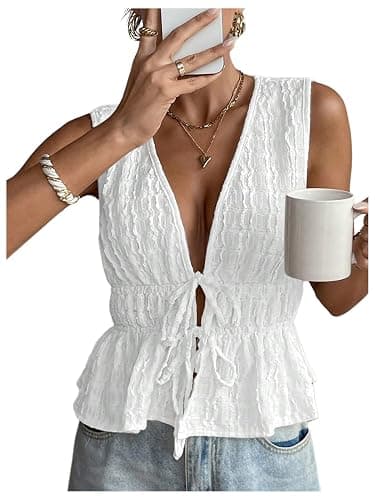 MakeMeChic Women's Tie Front Tank Top Sleeveless Ruffle Hem Crop Going Out Tops - Image 1