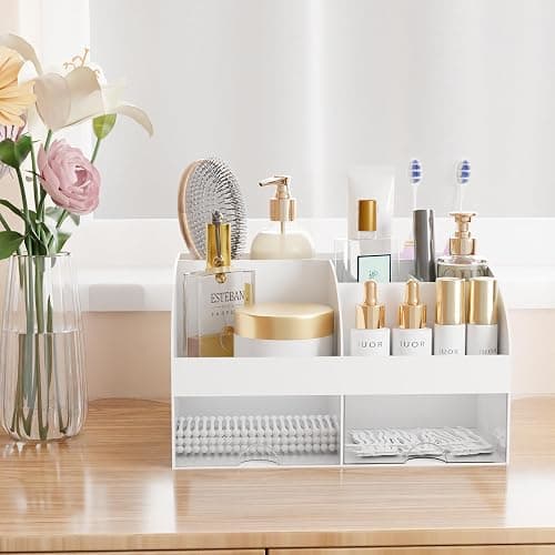 Makeup Organizer with Drawers, Cosmetic Storage for Dresser Vanity and Bathroom Countertop, Beauty Holder for Lipstick Brush, Skincare Organizer for Vanity, Cosmetic Display Case (White) thumbnail 5
