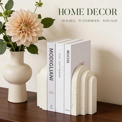 Havmorph Book Ends for Heavy Books, Beige Modern Pleasing Layered Arch Design Aesthetic Bookend Decorative, Concrete Book Ends to Hold Books Heavy Duty for Bookshelf Decor, Home Decor, Office Decor thumbnail 5