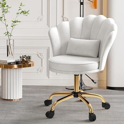 Aivermeil Comfy Home Office Desk Chair, Swivel Modern Velvet Vanity Chair with Gold Base, with Lumbar Pillow, Adjustable Rolling Task Chair for Condo, Bedroom & Vanity，White thumbnail 4