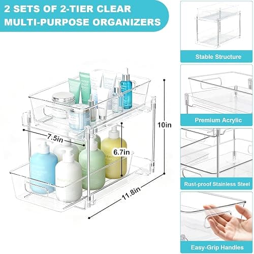 FAMOVELL 2 Tier Under Sink Organizer Bathroom Organizers and Storage, Clear Stackable Bathroom Cabinet Organizer, Multipurpose Pull-Out Home Organizer for Kitchen and Pantry Storage 2 Pack thumbnail 2