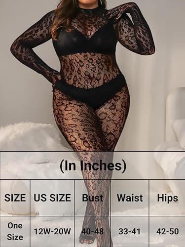 EHSUYAB Plus Size Fishnet Bodysuit For Curvy Women, Full Leopard Body Stockings Rave Outfit, Sexy Lace Jumpsuit Festival Club thumbnail 5