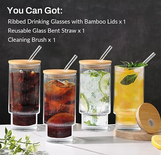 AFINSEA 16OZ Ribbed Glass Cups with Lids and Straws,Iced Coffee Cups with Lid,Vintage Glassware for Whiskey Cocktail Beer Fruit Juice Glasses Tumbler(1Pack) thumbnail 8