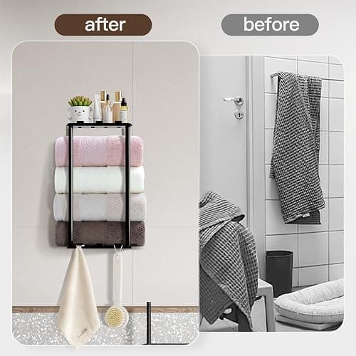 KISENG Towel Racks for Bathroom Towel Holder with Shelf & 6 Hooks,Space Saving Vertical Hanging Towel Rack, Sturdy Metal Wall Mounted Towel Storage Rack for Rolled Towels Organizer - Black - 14.76 Inch/2 Tier thumbnail 7