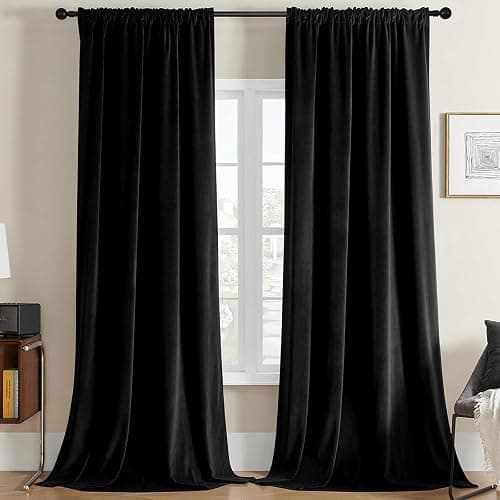 Joydeco Black Velvet Curtains 96 inch Length 2 Panels, Luxury Blackout Rod Pocket Thermal Insulated Window Curtains, Super Soft Room Darkening Drapes for Living Dining Room Bedroom,W52 x L96 inches - Image 1