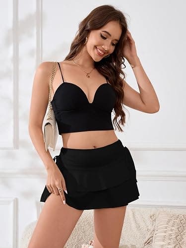 PRSFPN Women's Y2k Mini Ruffle Skirts with Shorts Tiered Layers Cute Elastic Waist Coquette Skort Drawstring Side Bow Tie thumbnail 6