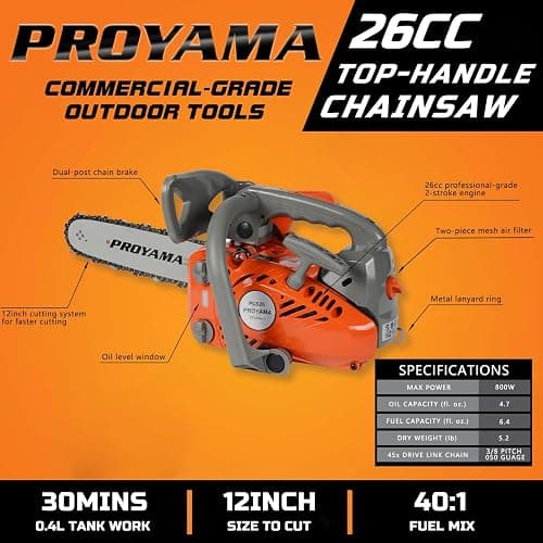 PROYAMA 26CC Top Handle Chainsaw, 12 Inch Small Climbing Handheld Chain saw | Petrol Cordless Lightweight Chain Saw, Portable Easy Start Saw for Tree Wood Cutting with 2 chains(12inch) thumbnail 5