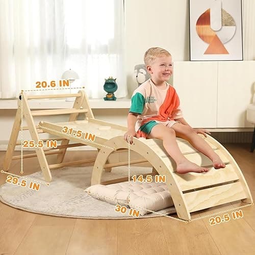 Yopnoyik Pikler Triangle Set with Cushion, 7 in 1 Toddler Climbing Toys Indoor, Montessori Foldable Climbing Set, Wooden Climbing Toys for Toddlers 1-3 Inside with Ramp, Arch and Ladder (Nature Wood) thumbnail 3