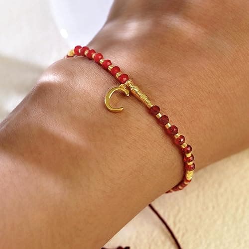 Agriajun Red Gold Beaded Natural Stone Initial Bracelets for Women Teen, Boho Handmade Personalized Ruby Gemstone Beads Letter Name Braided Rope Adjustable Bracelet Bohemian Jewelry Gift thumbnail 2