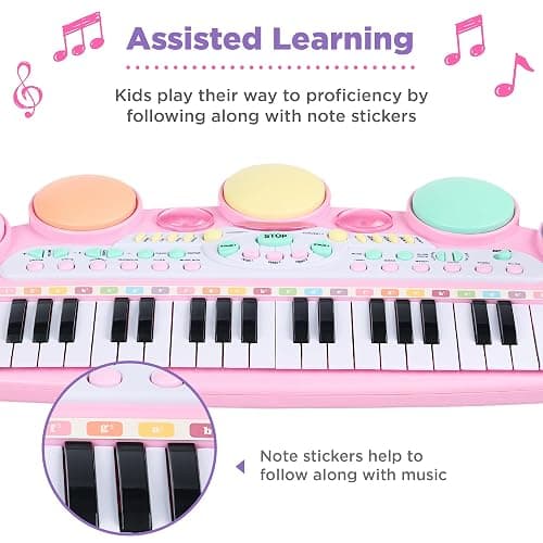 Best Choice Products 37-Key Kids Electronic Musical Instrument Piano Learning Toy Keyboard w/ Multiple Sounds, Lights, Microphone, Stool - Light Pink thumbnail 5