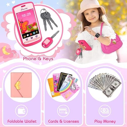 Kids Play Purse for Little Girls Toddlers, Toy Purse with Accessories, Wallet, Fake Phone, Fake Makeup Toys & Play Jewelry, Toddler Pretend Play Toys for Girls, Little Girl Gifts Age 3 4 5 6 Year Old thumbnail 3