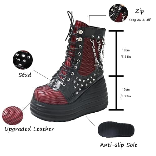 SONALOONG Goth Chunky Ankle Boots for Women - Bat Buckle DIY Platform,Zip Round Toe Lace Up Combat Bootie, Wedge Rave Boots Black Punk Shoes - Light Weight & Waterproof thumbnail 4