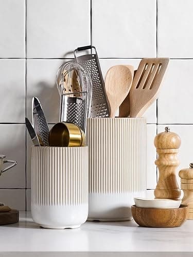 LE TAUCI Utensil Holder, 7.3"+5.4" Ceramic Kitchen Utensil Holder for Countertop, Large Cooking Utensil Crocks Gift for Mom, Boho Farmhouse Kitchen Decor, Set of 2, Reactive Glaze Arctic White - Glaze Arctic White thumbnail 2