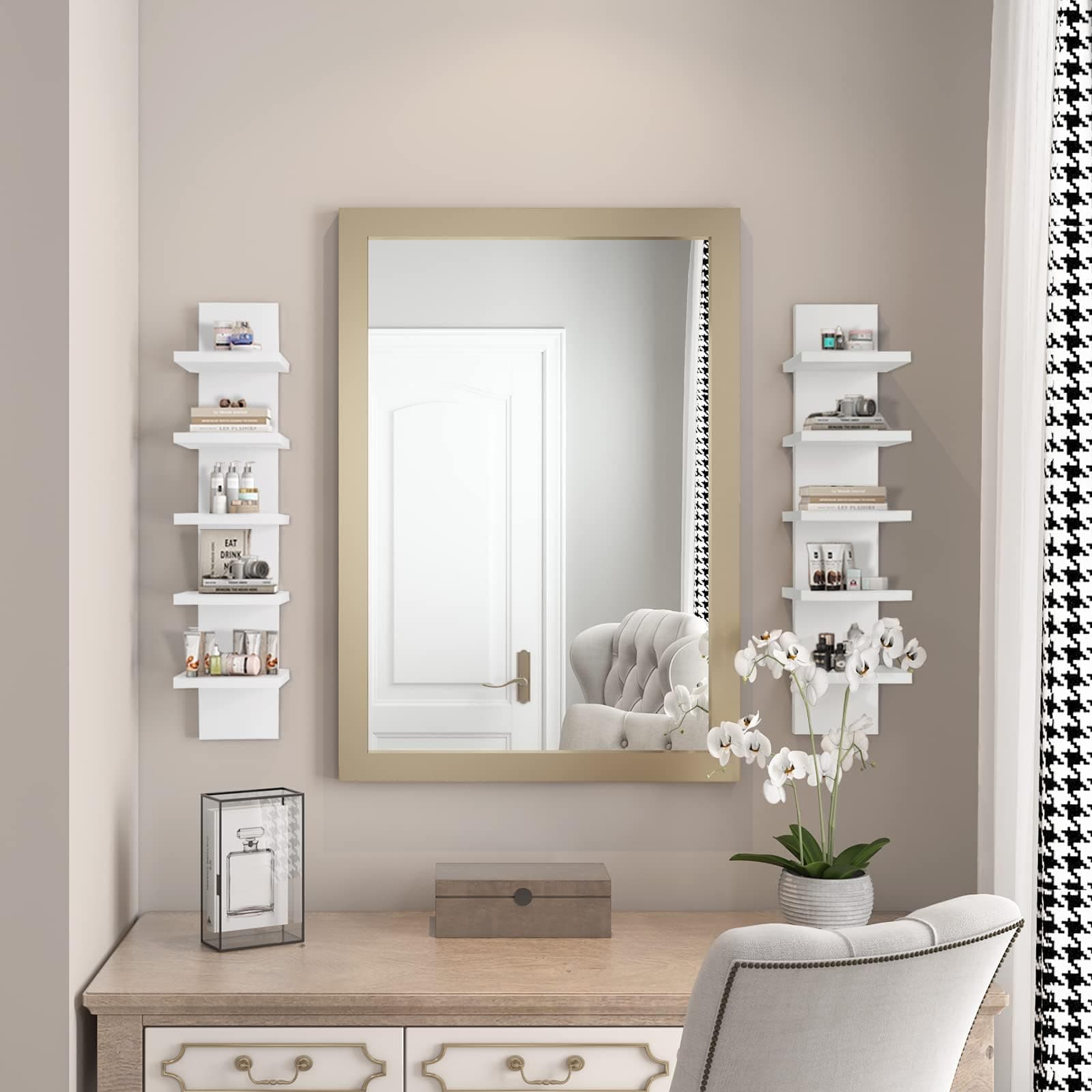 Vertical Column Wall Mount Floating Wood Spine Shelf Unit 5 Tier Slim Living Room Bedroom Organizer Small Stack Tall Narrow Thin Home Decor Display Modern Utility Makeup Vanity Bathroom Storage White thumbnail 4