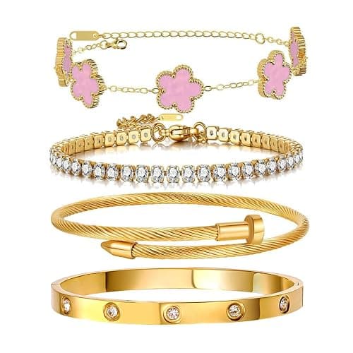 Gold Bracelets for Women, 18K Gold Plated Women Tennis Bracelets Clover Nail Love Bangle Bracelet Set, Gold Bracelet Stackable Set Trendy Jewelry, Gifts for Women's Day and Mother's Day - Image 1