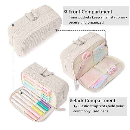 Sooez Big Capacity Pencil Case Pen Pouch, Soft Corduroy Pencil Bag with 3 Compartment, Multiple Pockets, Sturdy Zipper, Cute School Supplies Pen Bag Organizer For Teen Girls College, Beige thumbnail 5