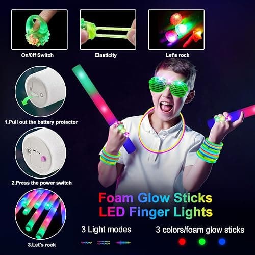 OLUPP 150 PCS Glow in the Dark Party Supplies, 16 Foam Sticks, 16 LED Glasses, 100 Glow Sticks and 18 Finger Lights for Neon Party, Wedding, Birthday, Concert, New Year, Carnivals, Raves thumbnail 6