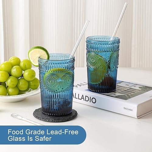 ZMOWIPDL Vintage Glassware Drinking Glasses Set of 6,13 oz Blue Textured Flower Design Glass Water Tumblers，Embossed Striped Drinkware for Water,Cocktails,Juice,Iced Coffee thumbnail 2