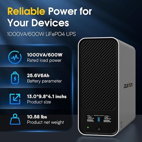 GOLDENMATE 1000VA/600W Lithium UPS Battery Backup and Surge Protector, Backup Battery Power Supply with LiFePO4 Batteries(153.6 Wh), Sinewave UPS System, 10 Years Lifespan, 8-Outlets, LCD Display thumbnail 3