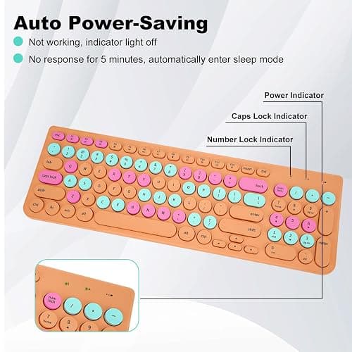 Wireless Keyboard and Mouse Combo, Retro Typewriter Keyboard with Round Keycaps, 2.4GHz USB Cute Wireless Keyboard Mouse for Computer, Desktop, Laptop and Computer (Orange Colorful) thumbnail 3
