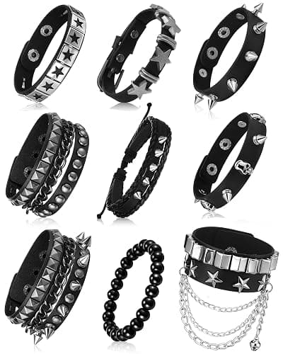 Hicarer 9 Pieces Spiked Studded Bracelet Black Leather Rivet Punk Bracelet Cuff Wrap Bangle Snap Button Metal Wristband for Men Women thumbnail 2
