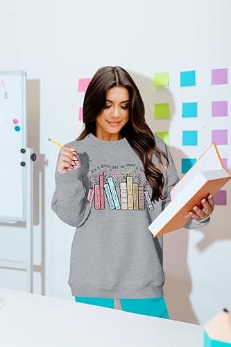 ALLTB Book Sweatshirts Women It’s a Good Day to Read Book Graphic Shirt Bookish Teacher Reading Pullover Long Sleeve Top thumbnail 4