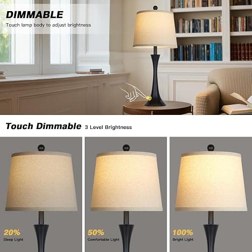 Rinweey 27.5" Table Lamps Set of 2, Touch Bedside Lamps with USB C+A Ports, 3 Way Dimmable Nightstand Lamps for Bedroom, Living Room, Office, Black Lamp with Beige Lampshade, Bulbs Included thumbnail 2
