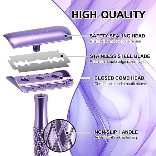 The Grooming Society Double Edge Safety Razor for Women Purple with 10 Blades and Silicone Cover - Durable Metal Eco-Friendly Single Blade Razor - Closed Smooth Shave thumbnail 5