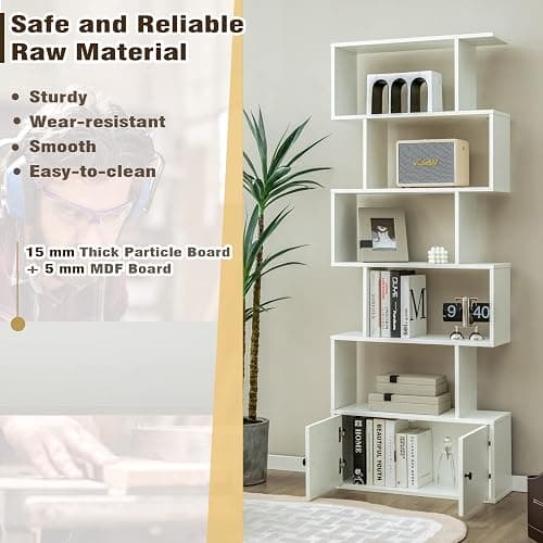 Giantex 6-Tier Geometric Bookcase with Cabinet, Freestanding Display Shelves with Anti-Tipping Device, Wood S-Shaped Bookshelf for Living Room, Bedroom, Study, White thumbnail 7