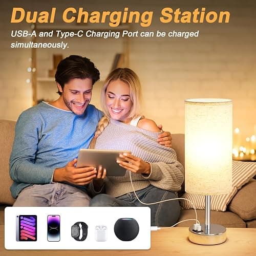 Dicoool Touch Table Lamp for Bedroom Nightstand - Bedside Lamp with USB-C USB-A Charging Ports White, 3 Way Dimmable Small Desk Lamp for Bedroom, Dorm Room, Office, Living Room, Reading, Bathroom thumbnail 3