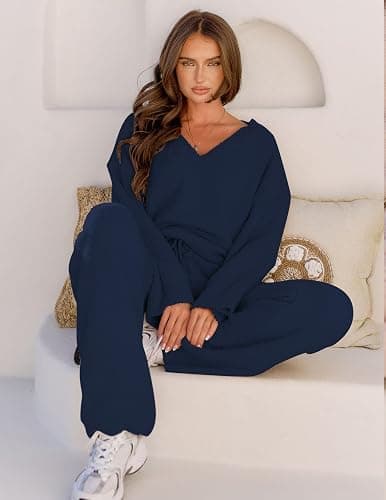 MEROKEETY Women's 2 Piece Outfits Fuzzy Fleece Pajama Set Long Sleeve Top Wide Leg Pants Loungewear - X-Large - Navy thumbnail 4