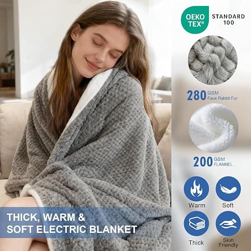 Heated Blanket Electric Blanket,Cozy Faux Rabbit Fur & Soft Flannel Warm Heater Throw Blanket with 5 Fast Heating Levels &10Hours Auto-Off Over-Heat Protection，50" x 60" (Grey) thumbnail 3