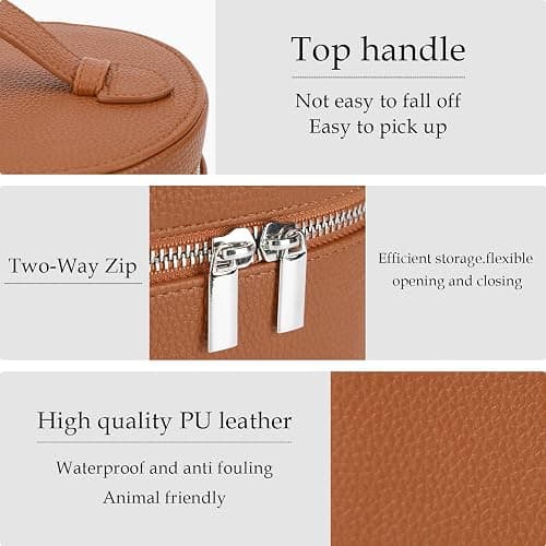 IEMIEBOAMGNOY Leather Make Up Bags With Compartments, Brown travel Cosmetic Bags for Women, Parallel Makeup Travel Bags Organizer Equipped With a Detachable Divider thumbnail 3