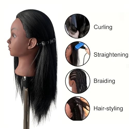 Yiifiulyn Black Mannequin Head with Hair for Braiding, Cosmetology Training Doll Head for Styling Practice - 21 Inches Layered Pre-streched Hair Manneuiqn Head with Stand thumbnail 7