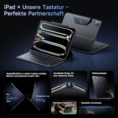 HOU Hülle mit Tastatur für iPad Air 11 Zoll (M3/M2) & Air 5./4. Gen & iPad Pro 11 Zoll (M4/4./3./2./1. Gen) – Leicht und tragbar, Weltraumleder, verstärkte Vier-Ecken-Schutz, QWERTZ thumbnail 3