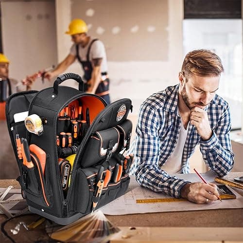Backpack Tool Bag - LOKASS Tool Backpack Heavy Duty Tool Organizer, Water-resistant HVAC Tool Backpack Electrician Tool Box with Molded Base thumbnail 2