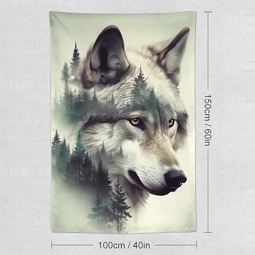 ANMOGID Wolf Tapestry for Bedroom Aesthetic, Mountain Wall Hanging Art, Wolf Decor Wall Art for Living Room Dorm Party Home Decoration 60"x40" thumbnail 2