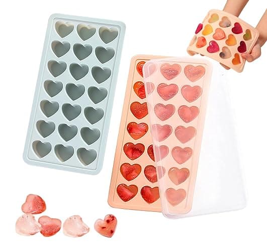 2 Pack Heart-Shaped Ice Cube Trays - 42 Holes Silicone Heart Ice Cube Tray with Lid, BPA Free and Dishwasher Safe, Mini Fun Ice Cube Mold, Easy to Remove (Pink + Blue) - Image 1