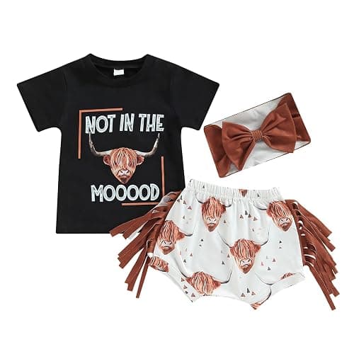 Fernvia Western Toddler Baby Girl Clothes Letter Short Sleeve T-Shirt Top + Tassel Shorts Outfits + Headband 3Pcs Set - Image 1