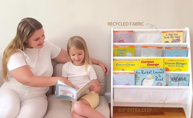 UTEX Kids Bookshelf Storage, Book Shelf for Kids Rooms, 4 Tier Sling Toddler Bookshelf, Magazine Book Rack, Children Book Organizer, White thumbnail 7