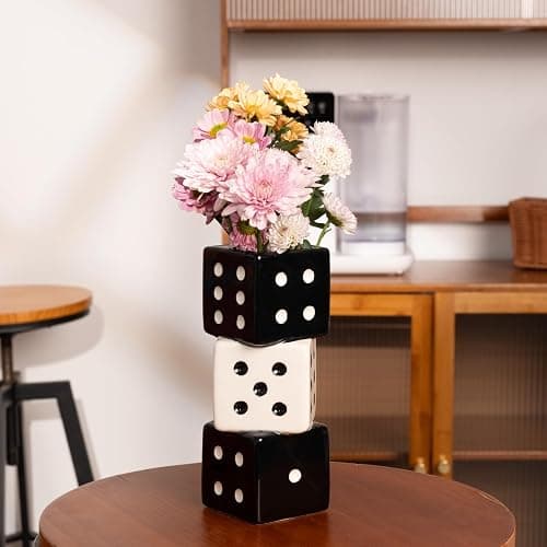 MOUGIGI Unique Handmade Dice Vase - Stylish Black & White Ceramic Decor for Home, Bar | Geometric Design Perfect for Fresh, Dried, or Artificial Flowers | Eye-Catching Centerpiece & Decorative Accent - Image 1
