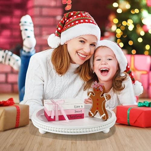 Pink Christmas Decorations 4 PCS Gingerbread Table Centerpieces, Cute Girlie Tabletop Christmas Decor for Tiered Tray Shelf Fireplace Mantel Office Desk Holiday Wood Faux Book Gingerbread Girl Sign thumbnail 7