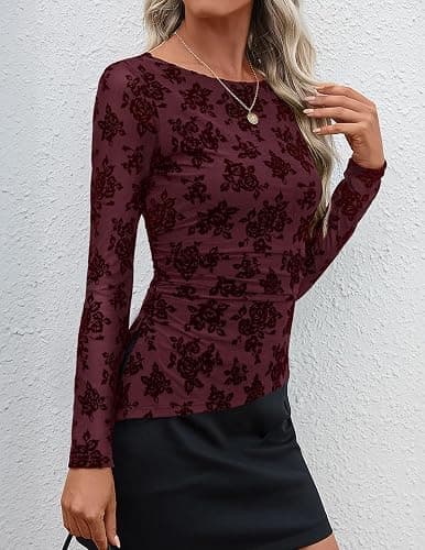 ZESICA Womens Floral Long Sleeve Shirts 2025 Fall Boat Neck Mesh Ruched Tops Fitted Asymmetrical Going Out Blouses thumbnail 3