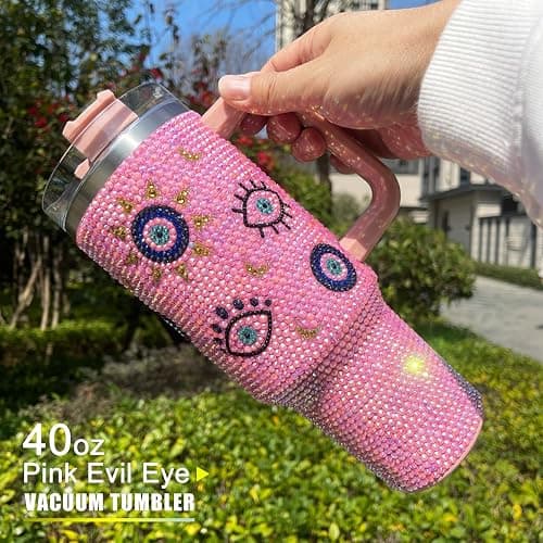Cupcupmore 40 oz Pink Evil Eye Bling Rhinestone Stainless Steel Sippy Tumbler Glitter Vacuum Insulated Water Bottle with Straw & Lid &Handle,Sparkle Car Cup Holder,Keeps Cold 12 Hours Drinks,Coffee thumbnail 6