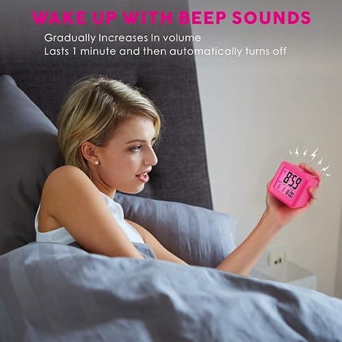 Plumeet Digital Kids Alarm Clock with Snooze and Nightlight - Easy Setting Silicone Clock Display Time, Date - Loud for Bedroom - Battery Powered (Pink) thumbnail 5