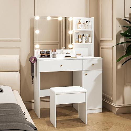 Yegosh Vanity Desk with Mirror and Lights Dimmable LED Makeup Table with Drawers Side Cabinet 3 Storage Shelves Power Outlet Dressing Table Set Include Holder Cushioned Stool for Bedroom(White) - 35.4 Inch+white - Image 1