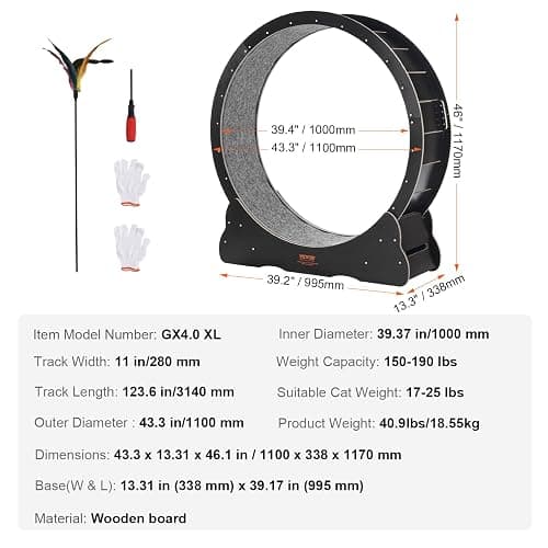 VEVOR Cat Exercise Wheel, 43.3" Large Cat Treadmill for Indoor Pets, Running Wheel with Detachable Carpet & Cats Teaser Toy for Running/Walking/Training, Suitable for Most Cats Black thumbnail 7