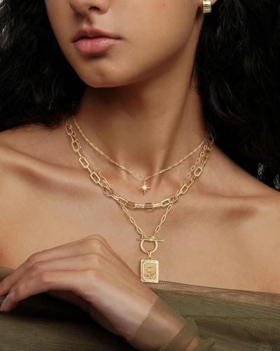 MJartoria Layered Necklaces for Women Trendy, 14K Gold Plated Brass Simple Star Choker Square Flower Pendant Necklace, Paperclip Chain Necklaces Jewelry Gifts thumbnail 9
