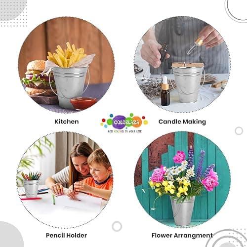 Colorlaza Galvanized Metal Bucket with Handle 12 Pcs- Metal Buckets for Party, Tin Buckets with erasable Stickers and Chalk Marker Silver Bucket 4.7" W x 5" H x 2.7" L thumbnail 6